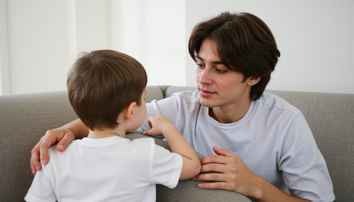 A parent sits tensely at a dining table while their child works on homework. The parent’s hand rests on the table with five fingers clearly visible, showing subtle anxious body language.